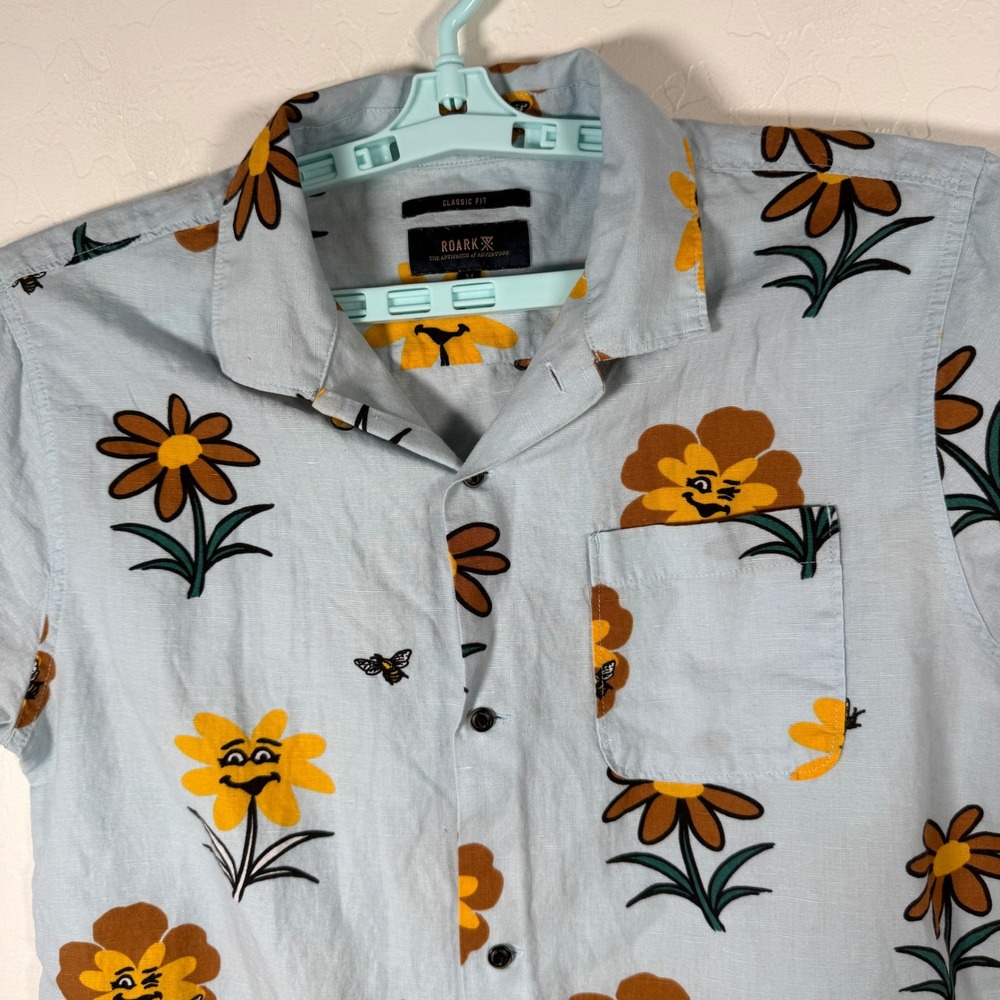 Roark Revival Shirt Mens Medium Blue Floral Short Sleeve Linen Blend Bee